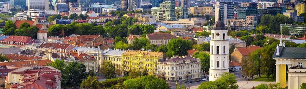 Aerial view of the old town and the modern center of Vilnius, Lithuania